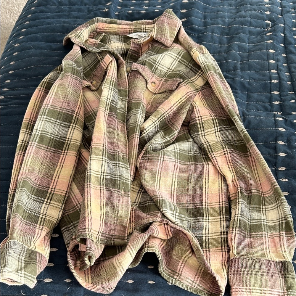 Old Navy Plaid Button Down Shirt - Green, Pink, Yellow
